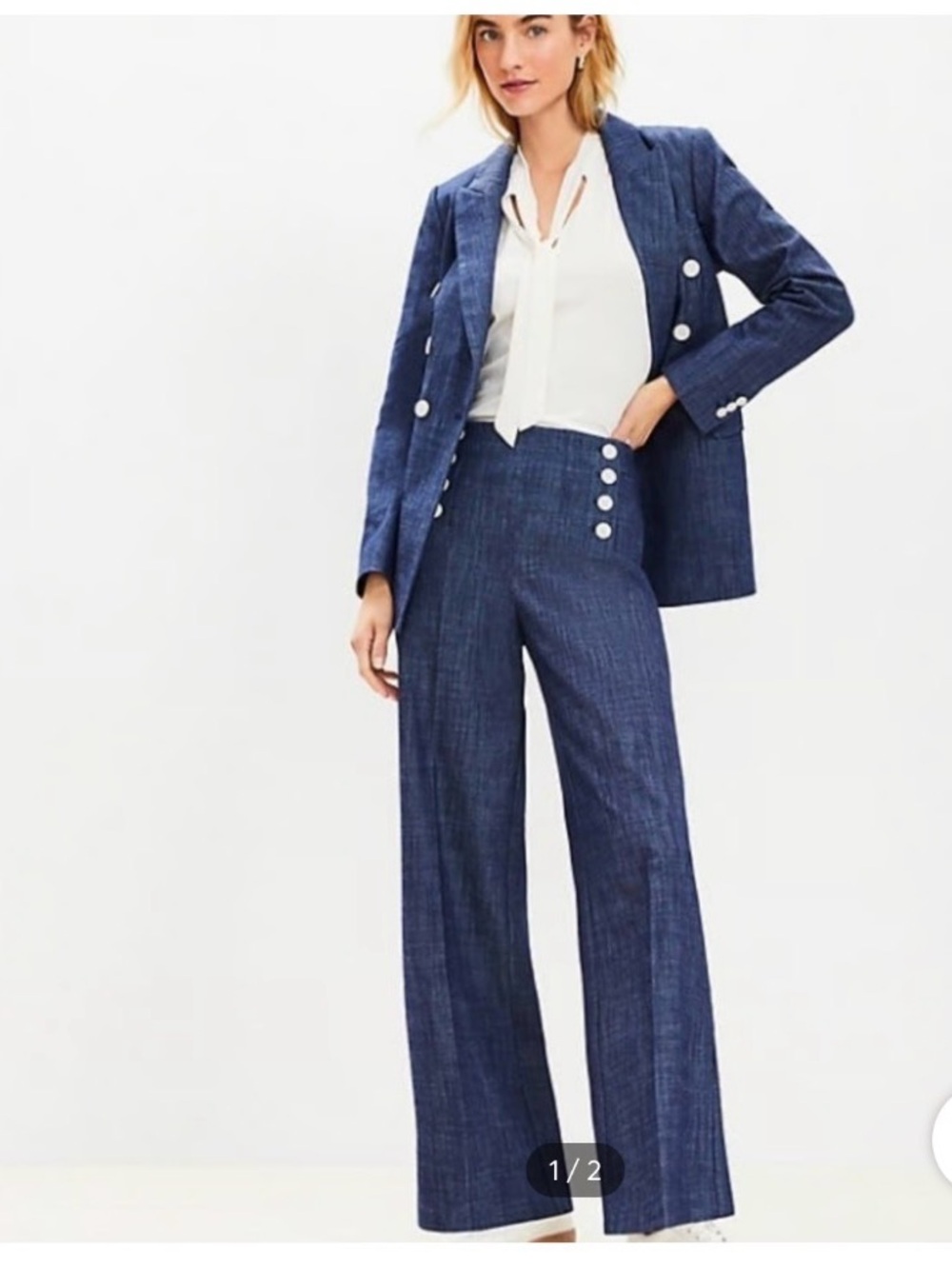 LOFT chambray  Double-Breasted Wide-Leg Pants with White Button Accents